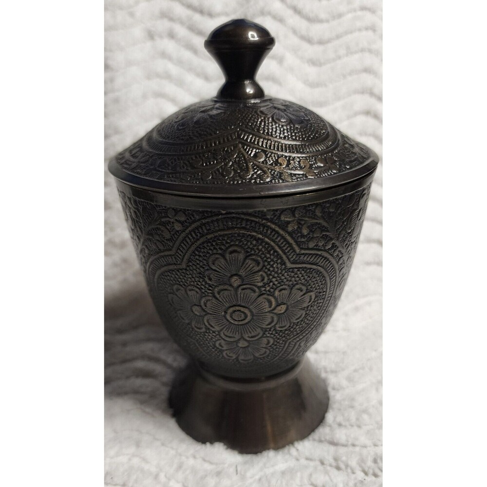 BEAUTIFUL Vintage 3pc BRONZE AntiqueBrass ETCHED 5"TrinketBox Lid 4"Saucer INDIA - Picture 3 of 16